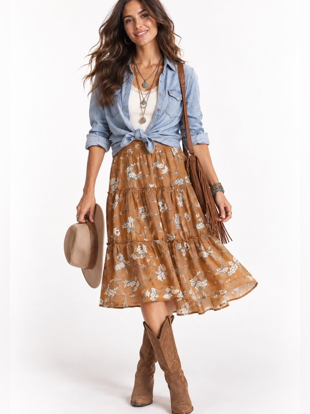Anthropologie Blue Tassel Floral Tiered Midi Skirt in Brown White NWOT